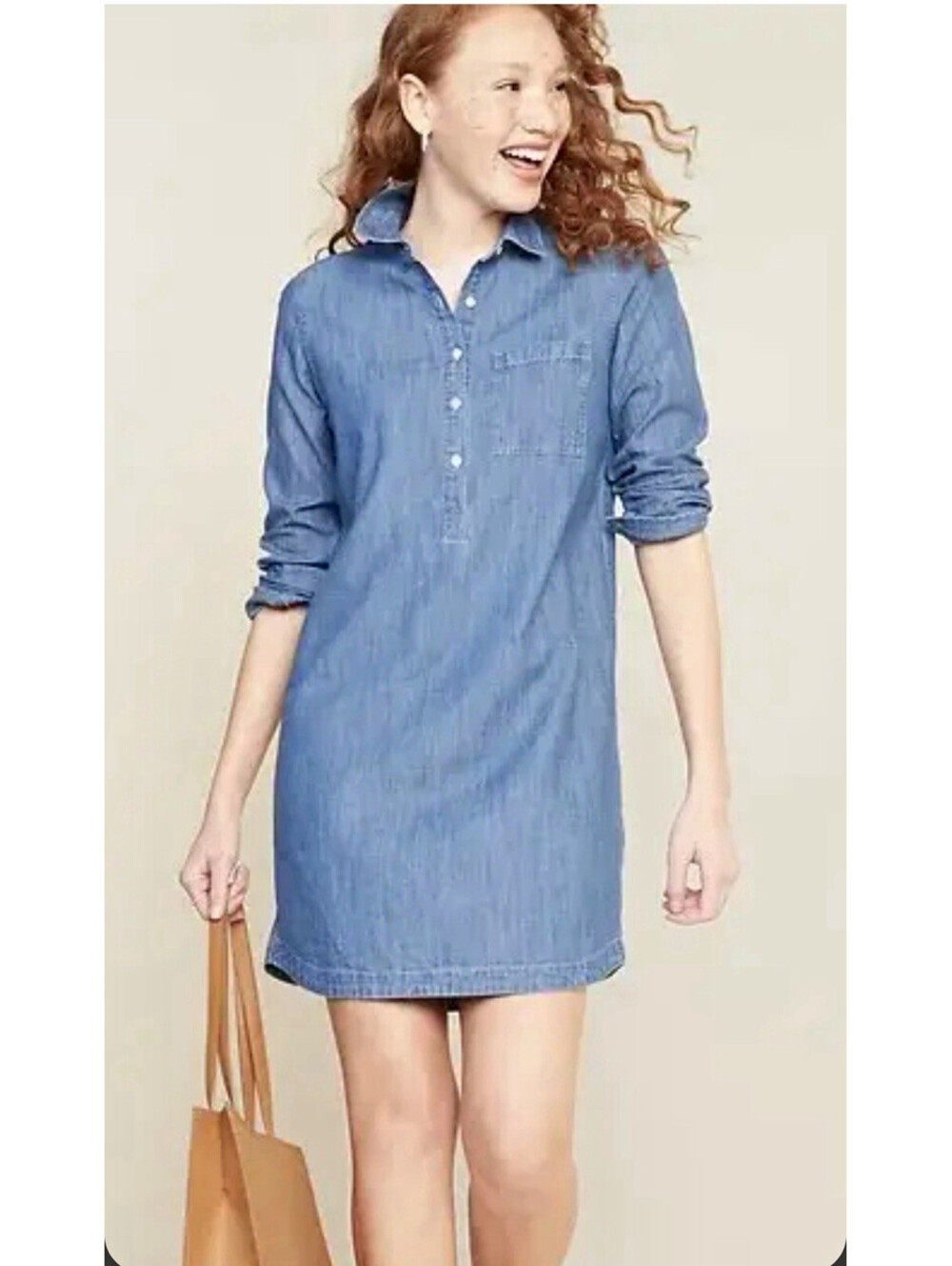 Old Navy Women's XL Blue Denim Shirt Dress Collared Pockets Button Front 3/4